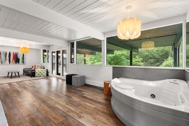 86 Myles Standish Rd, Weston, MA 02493 - sunroom / solarium with french doors, beamed ceiling, and a hot tub