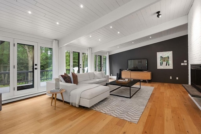 86 Myles Standish Rd, Weston, MA 02493 - living room featuring a baseboard radiator, light wood-style flooring, and wood ceiling