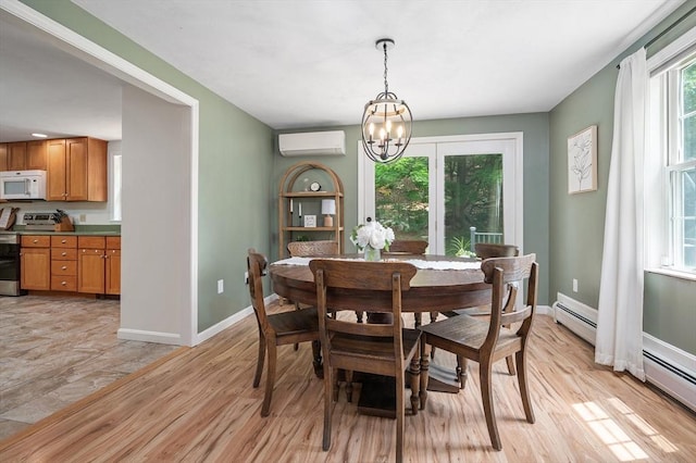 8 Dudley Rd, Sutton, MA 01590 - dining room with an AC wall unit, a chandelier, light wood-style flooring, baseboards, and a baseboard radiator