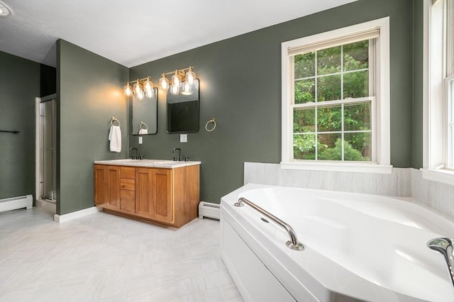 8 Dudley Rd, Sutton, MA 01590 - bathroom featuring a baseboard heating unit, a bath, double vanity, and a shower with shower door