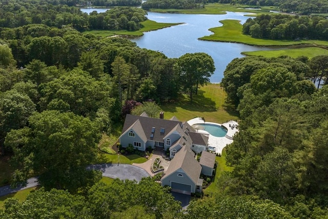 drone / aerial view with a water view