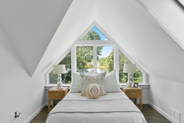 bedroom featuring vaulted ceiling and dark hardwood / wood-style floors