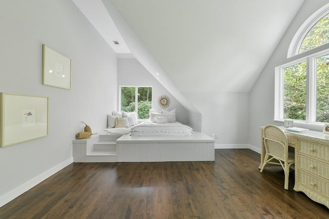 bedroom with vaulted ceiling and dark hardwood / wood-style floors