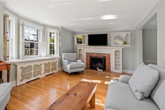 living room with a fireplace, ornamental molding, and light hardwood / wood-style flooring