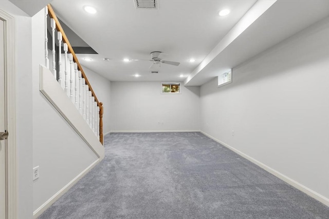 32 Pearl St Unit 32, Everett, MA 02149 - below grade area featuring stairway, carpet flooring, recessed lighting, and ceiling fan