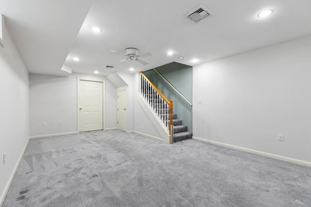 32 Pearl St Unit 32, Everett, MA 02149 - below grade area featuring recessed lighting, ceiling fan, carpet floors, and stairs