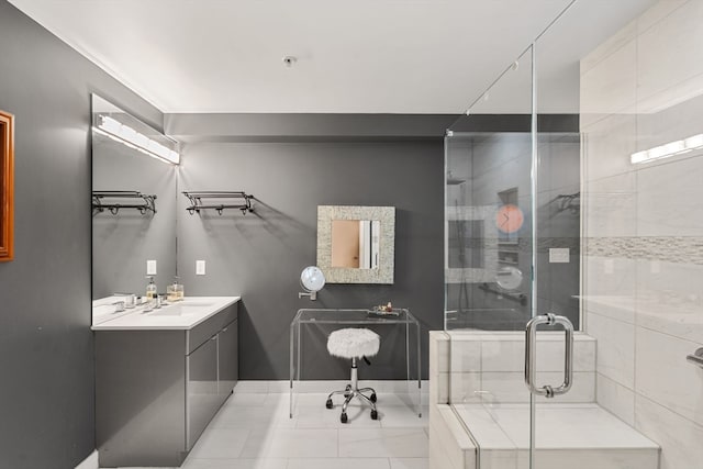 bathroom featuring vanity and walk in shower