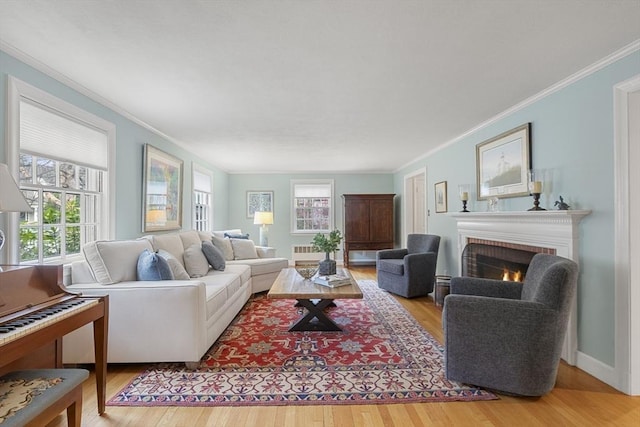 living area with a brick fireplace, ornamental molding, and wood finished floors