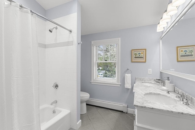 full bath featuring baseboard heating, tile patterned floors, toilet, and a sink