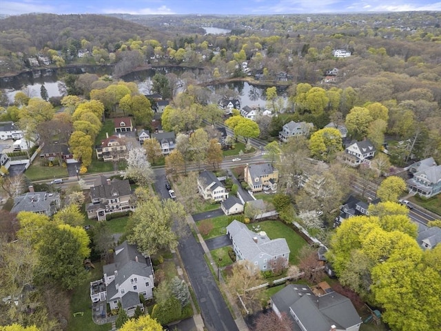 aerial view with a residential view and a water view