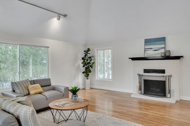 living room featuring rail lighting, lofted ceiling, hardwood / wood-style floors, and a fireplace