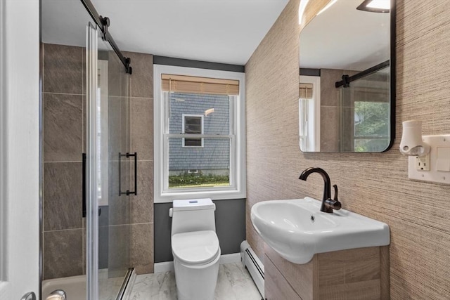 12 Day St, Fairhaven, MA 02719 - bathroom with a baseboard radiator, a shower stall, marble look tiles, and plenty of natural light
