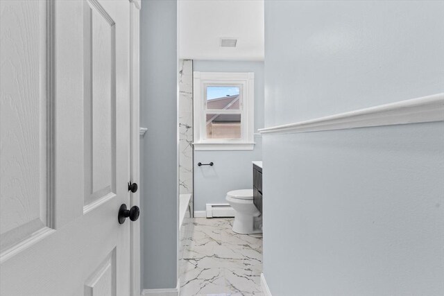 full bath featuring visible vents, baseboards, toilet, marble finish floor, and vanity