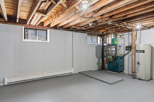 below grade area featuring a heating unit, water heater, and baseboard heating