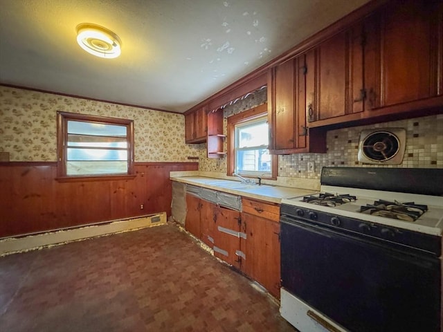 kitchen featuring sink, a baseboard radiator, gas range gas stove, and wooden walls