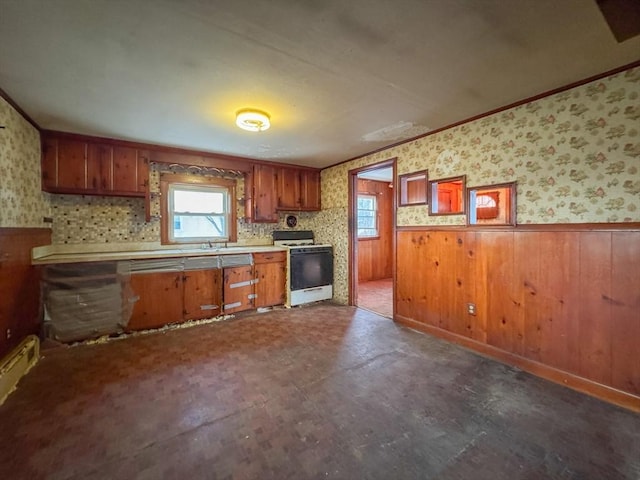 kitchen with white range with gas cooktop, sink, and wood walls