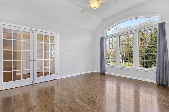 unfurnished room featuring a ceiling fan, french doors, lofted ceiling, and wood finished floors