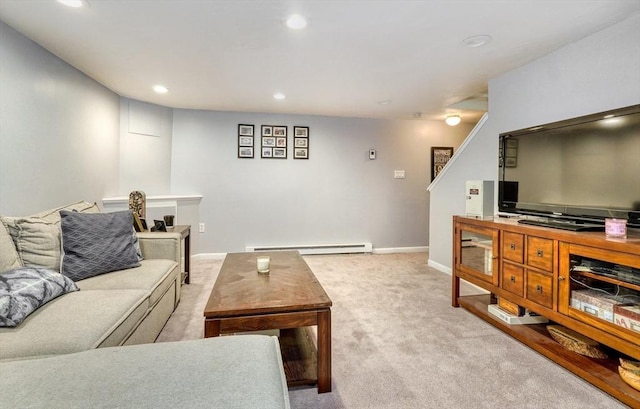 50 Lake St Unit B, Winchester, MA 01890 - carpeted living area featuring a baseboard radiator, recessed lighting, and stairway