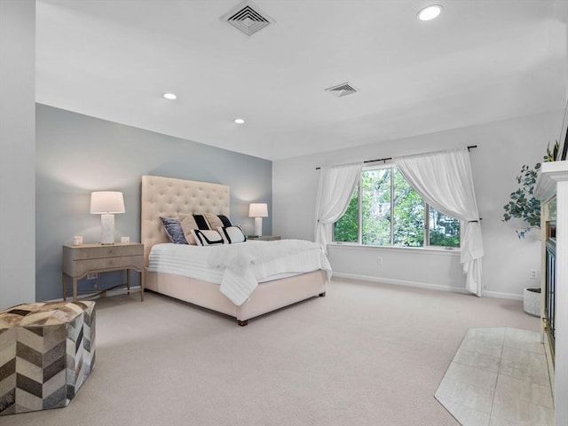 bedroom featuring baseboards, carpet flooring, recessed lighting, and visible vents