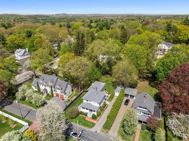 aerial view with a residential view and a view of trees