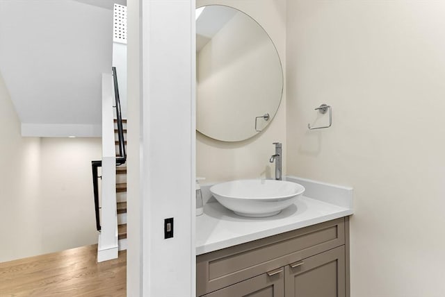 bathroom with wood finished floors and vanity