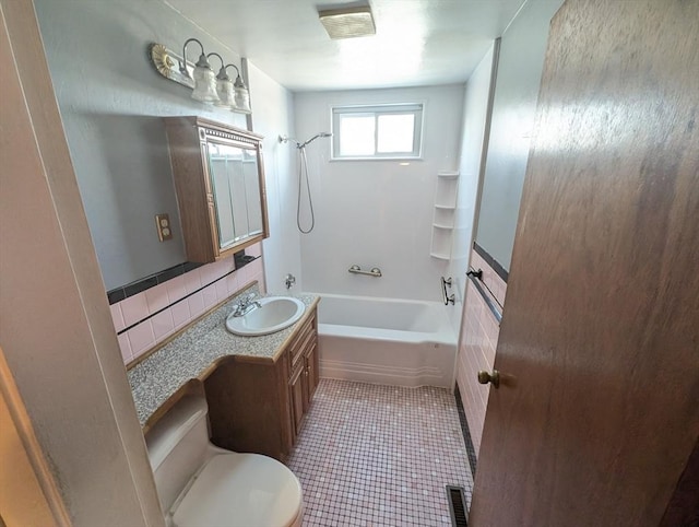 bathroom featuring tile patterned floors, visible vents, tasteful backsplash, shower / bath combination, and vanity