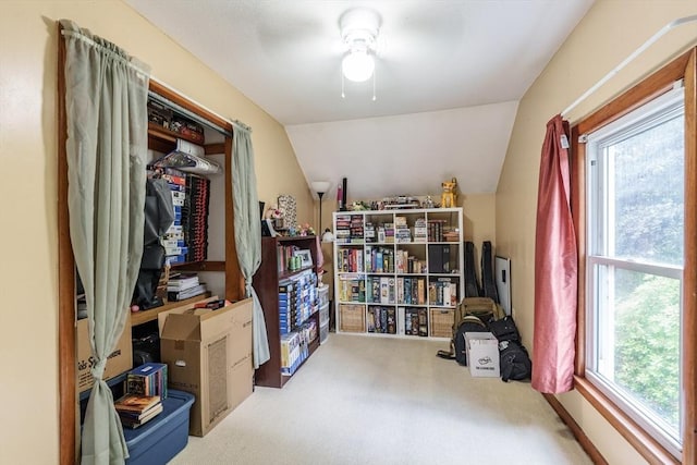 267 Maple St, East Longmeadow, MA 01028 - living area with carpet, vaulted ceiling, and ceiling fan