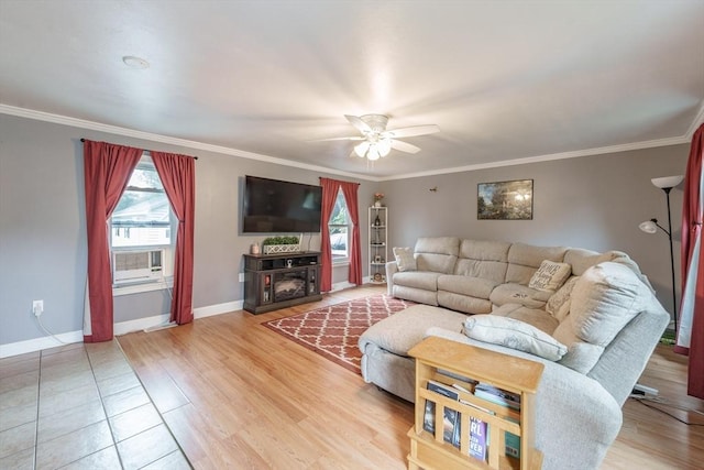 267 Maple St, East Longmeadow, MA 01028 - living area with a ceiling fan, crown molding, cooling unit, and wood finished floors