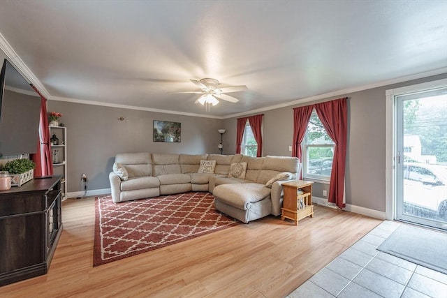 267 Maple St, East Longmeadow, MA 01028 - living area with a ceiling fan, light wood finished floors, and ornamental molding