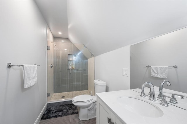 202 Middlesex Ave Unit 2, Medford, MA 02155 - bathroom with toilet, a stall shower, vaulted ceiling, vanity, and tile patterned floors