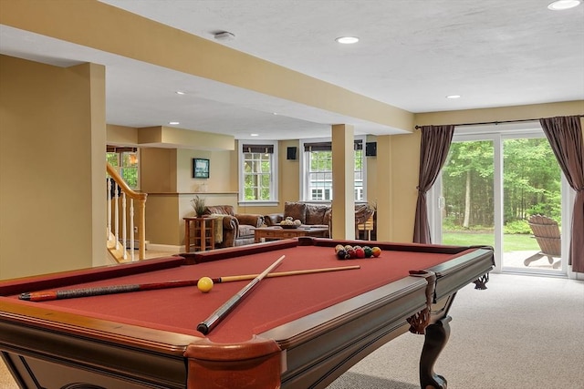 51 Drumlin Hill Rd, Bolton, MA 01740 - recreation room with recessed lighting, pool table, carpet flooring, and plenty of natural light