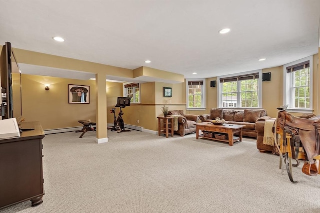 51 Drumlin Hill Rd, Bolton, MA 01740 - living area featuring light carpet, a baseboard heating unit, baseboard heating, recessed lighting, and baseboards