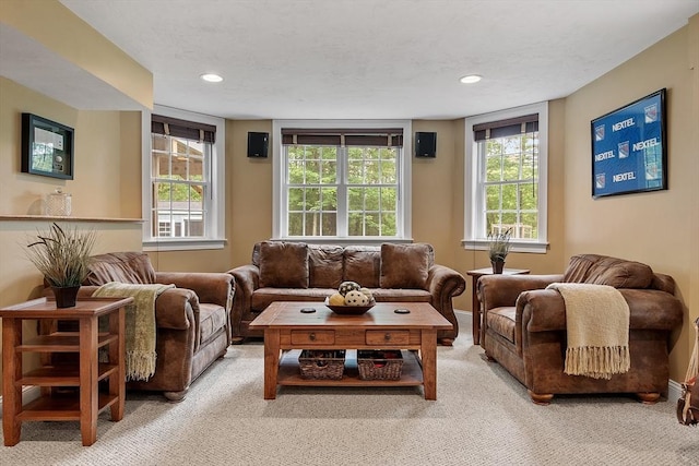 51 Drumlin Hill Rd, Bolton, MA 01740 - living area featuring light carpet, recessed lighting, healthy amount of natural light, and baseboards