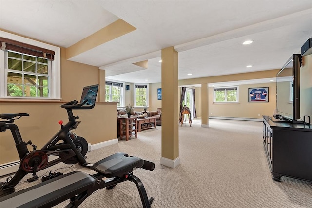 51 Drumlin Hill Rd, Bolton, MA 01740 - workout area featuring carpet, baseboards, a baseboard heating unit, recessed lighting, and plenty of natural light