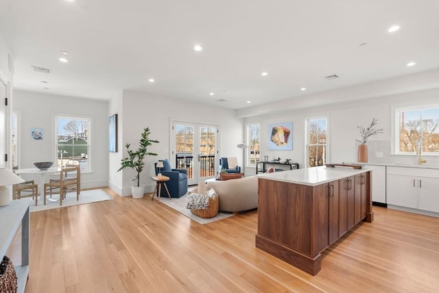 60 Williams St Unit 402, Boston, MA 02130 - kitchen featuring light wood-type flooring, a center island, recessed lighting, and plenty of natural light