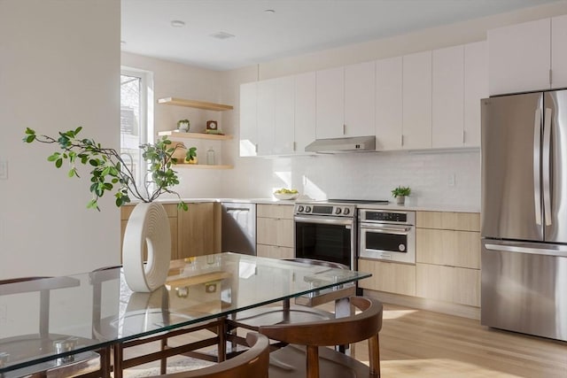 kitchen featuring white cabinetry, appliances with stainless steel finishes, backsplash, and light hardwood / wood-style floors