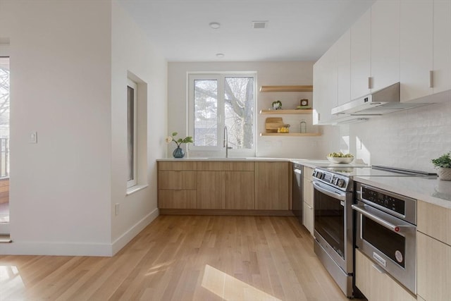 kitchen featuring light brown cabinets, light wood-type flooring, stainless steel appliances, decorative backsplash, and white cabinets