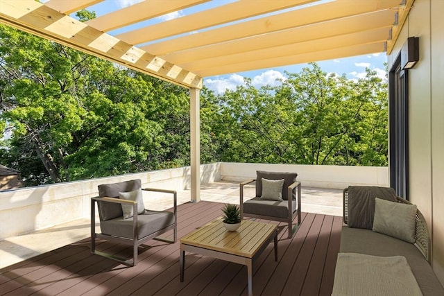 deck featuring outdoor lounge area and a pergola