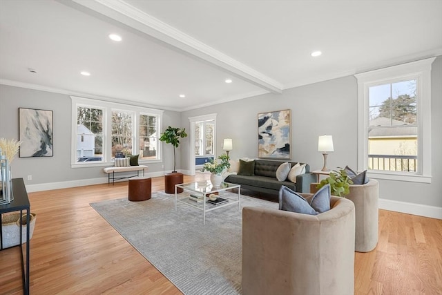 living room featuring light hardwood / wood-style floors, ornamental molding, and a wealth of natural light