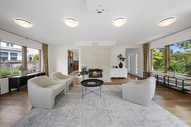 25 Day St, Newton, MA 02466 - living area featuring healthy amount of natural light, wood finished floors, and a glass covered fireplace