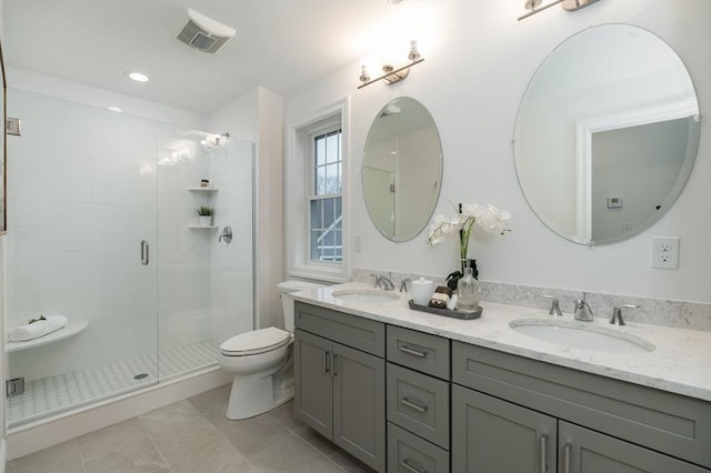 62 High St Lot 6, Stoneham, MA 02180 - full bathroom featuring toilet, a shower stall, tile patterned floors, and double vanity