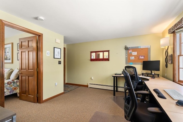 carpeted home office featuring a baseboard radiator