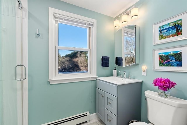 bathroom featuring vanity, a shower with door, toilet, and baseboard heating