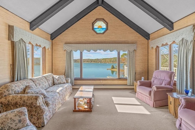 carpeted living room with a water view, beamed ceiling, and a wealth of natural light