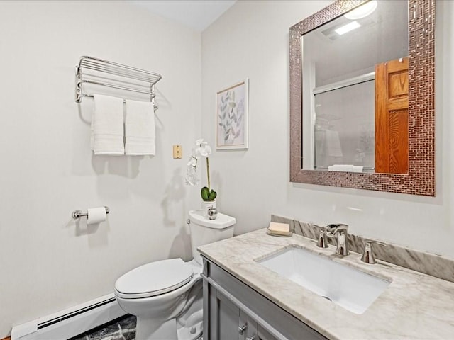 bathroom featuring a baseboard radiator, a shower with door, vanity, and toilet