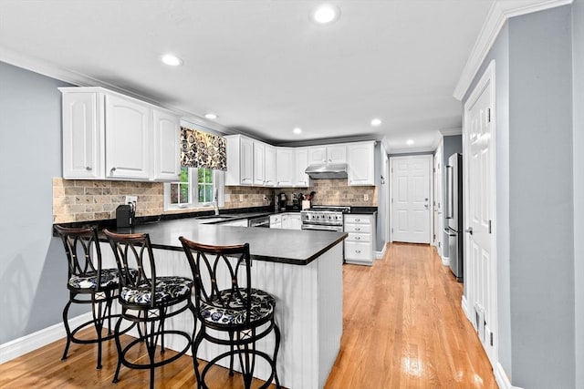 16 Old Colony Way, Whitman, MA 02382 - kitchen with under cabinet range hood, a peninsula, appliances with stainless steel finishes, crown molding, and a kitchen breakfast bar