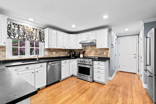 16 Old Colony Way, Whitman, MA 02382 - kitchen featuring high quality appliances, a sink, under cabinet range hood, ornamental molding, and dark countertops