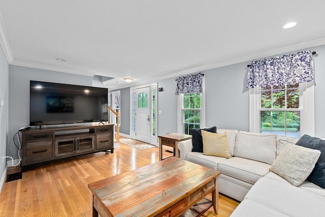 16 Old Colony Way, Whitman, MA 02382 - living room featuring ornamental molding, light wood-style flooring, baseboards, recessed lighting, and stairway