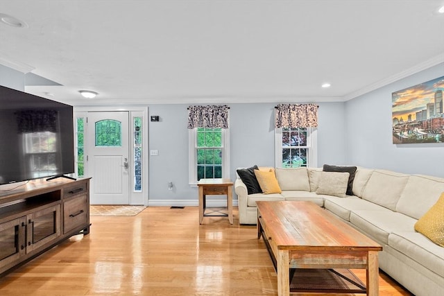 16 Old Colony Way, Whitman, MA 02382 - living area featuring ornamental molding, light wood-type flooring, recessed lighting, and baseboards