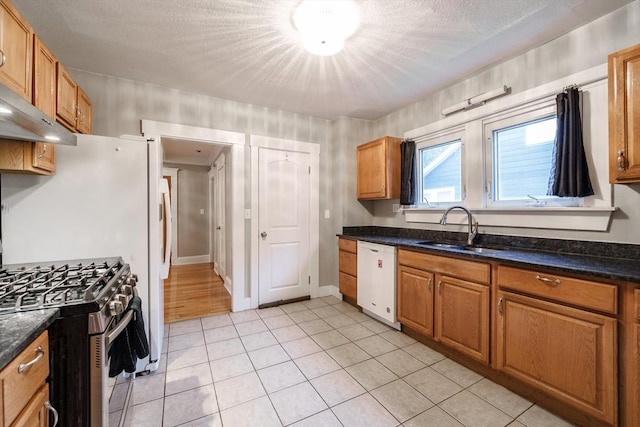 71 Daviston St, Springfield, MA 01108 - kitchen featuring dishwasher, a sink, range hood, light tile patterned flooring, and stainless steel range with gas cooktop